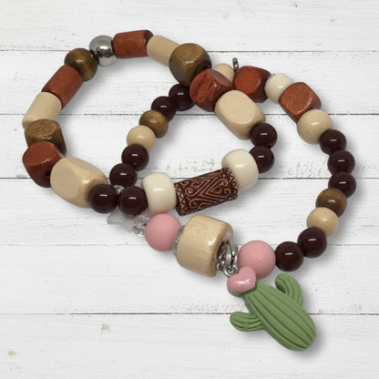 Green Cactus | Wooden Beads Playful Cactus Charm Bracelet Set - Distinct Designs