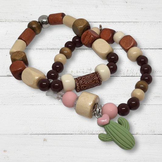 Green Cactus | Wooden Beads Playful Cactus Charm Bracelet Set - Distinct Designs