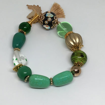 Unique Boho Chic Glass Stretch Bracelet Green Gold