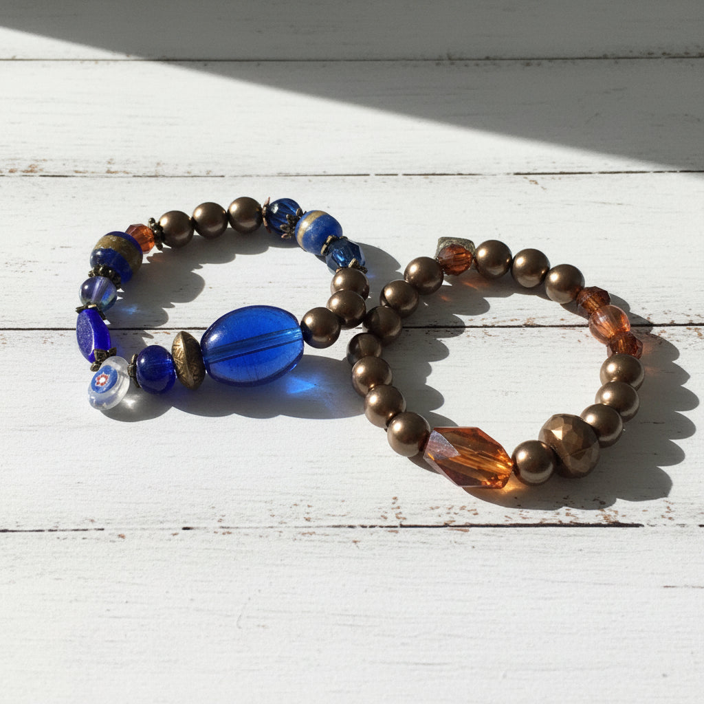 Handmade Glass Bead Bracelet Set Blue and Amber - Distinct Designs