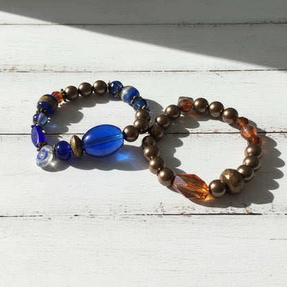 Handmade Glass Bead Bracelet Set Blue and Amber - Distinct Designs