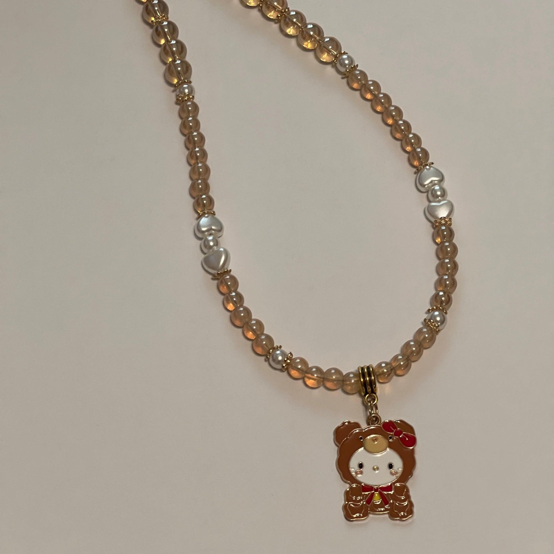 Kitty Bear Necklace - Champagne Glass Beads Hello Kitty Charm - Distinct Designs