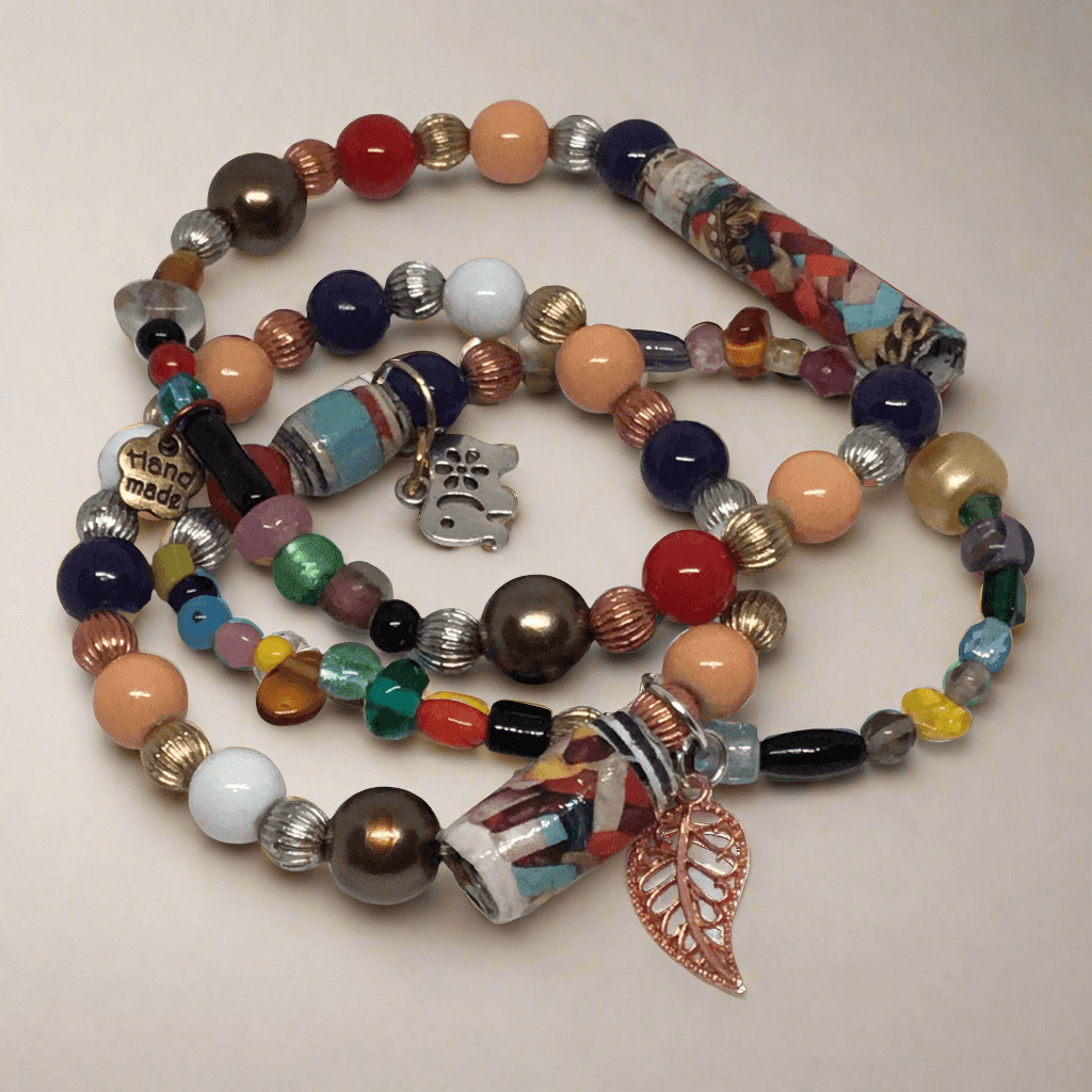 Mixed Media Beaded Bracelet Set | Bold Tribal Boho Handmade Jewelry - Distinct Designs