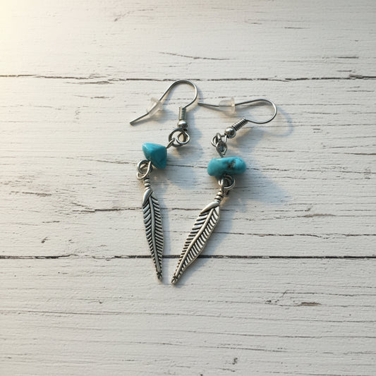Natural Stone Feather Dangle Earrings | Southwestern Tribal Boho Handmade Jewelry - Distinct Designs
