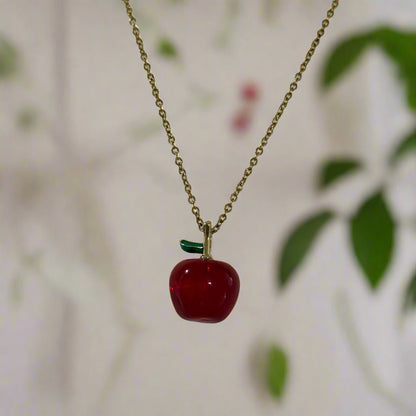 Red Apple Lampwork Pendant Necklace | Whimsical Minimalist Hypoallergenic Handmande Jewelry - Distinct Designs