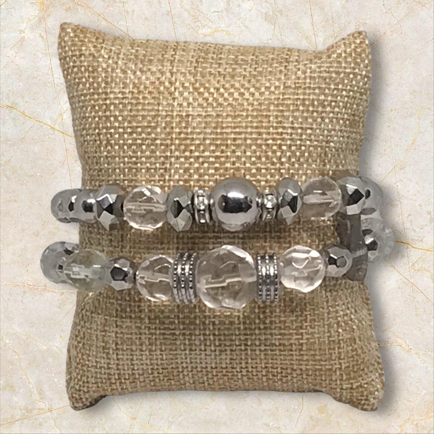 Silver Sand Stretch Bracelet Set - Sparkling Glass Beads - Distinct Designs