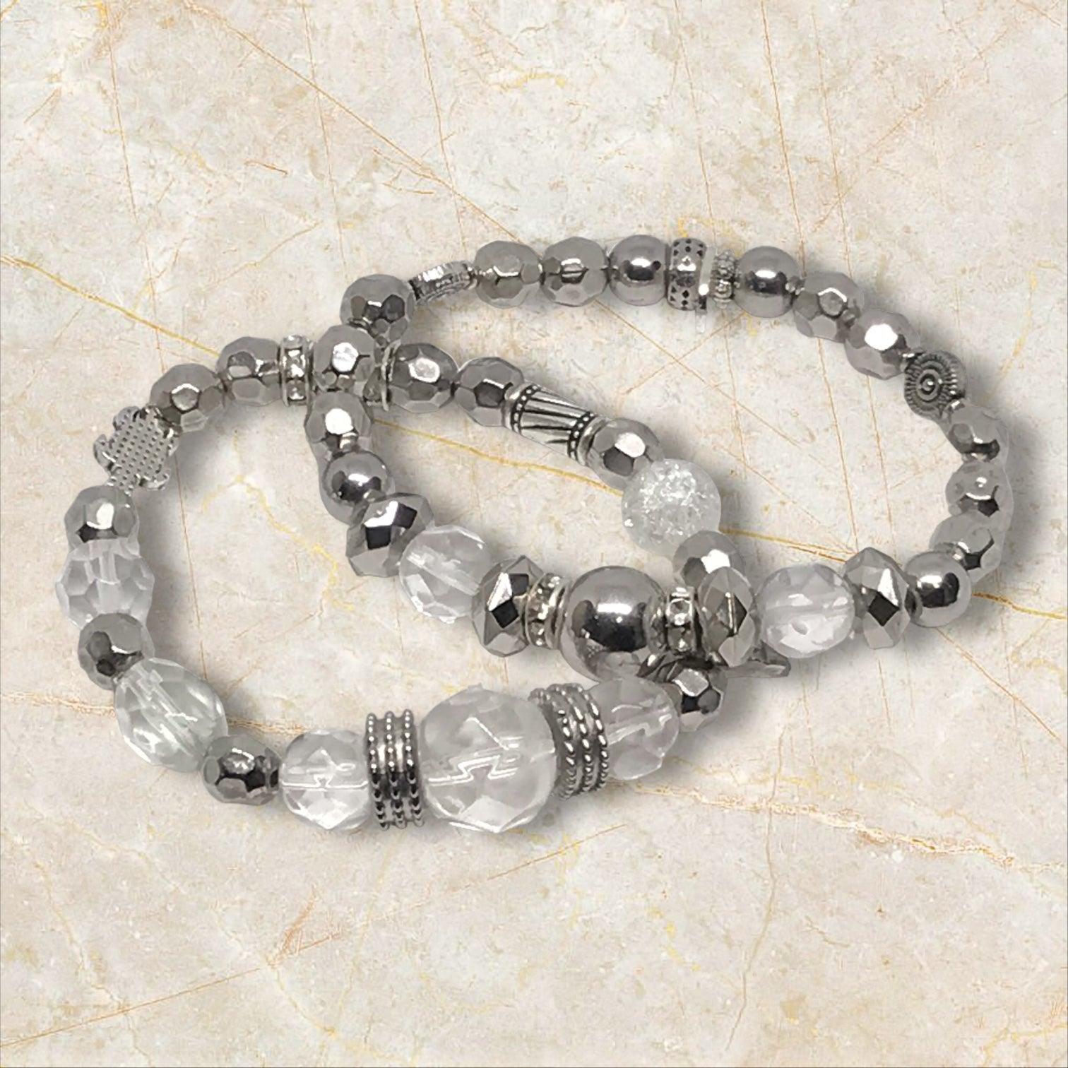 Silver Sand Stretch Bracelet Set - Sparkling Glass Beads - Distinct Designs