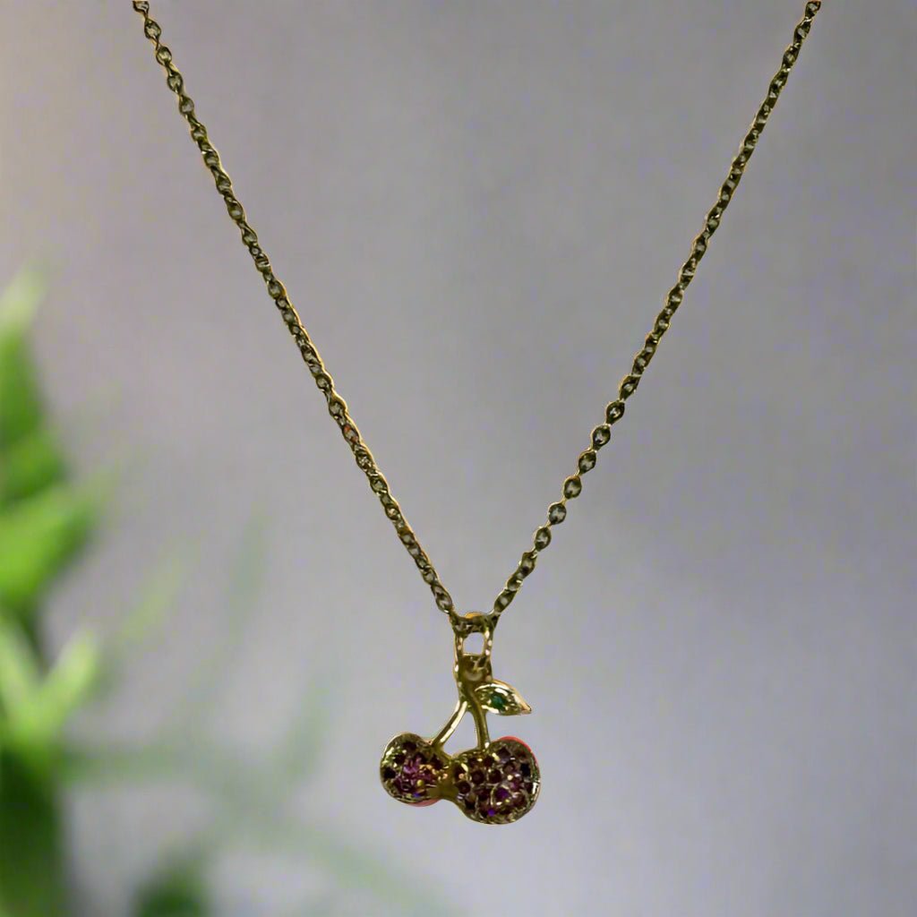 Sparkling Cherry Cubic Zirconia Pendant Necklace | Whimsical Minimalist Hypoallergenic Handmade Jewelry - Distinct Designs