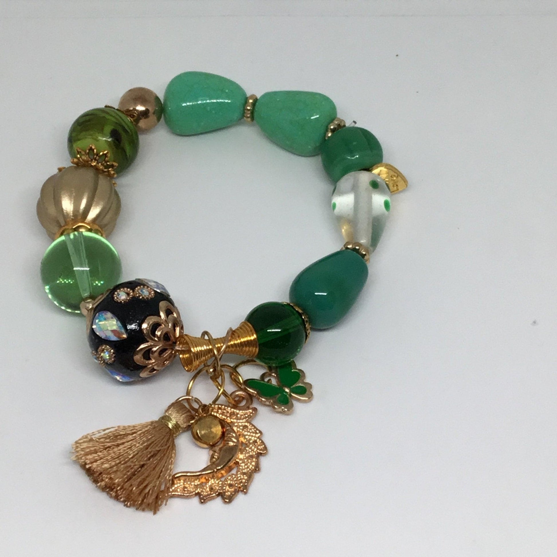 Unique Boho Chic Glass Stretch Bracelet - Green and Gold Elegance - Distinct Designs